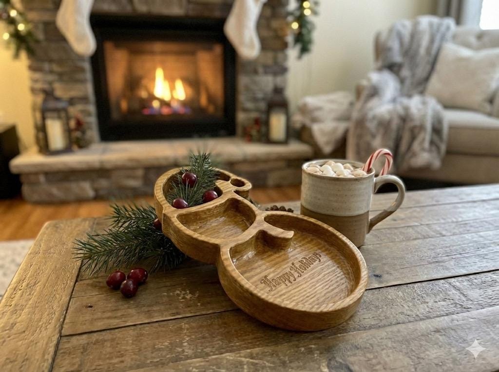 Personalized wooden snowman candy dish with three compartments