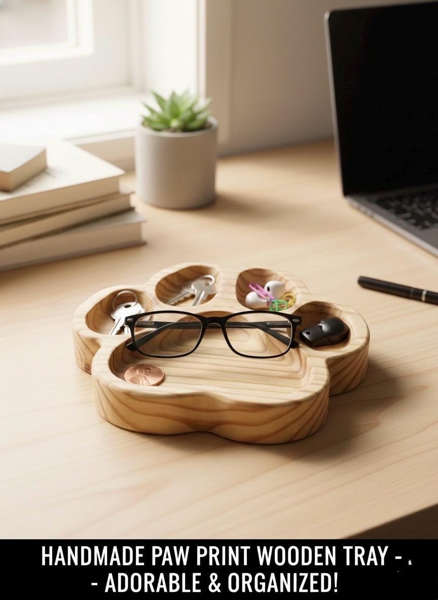 Carved wooden paw print tray for keys and small items
