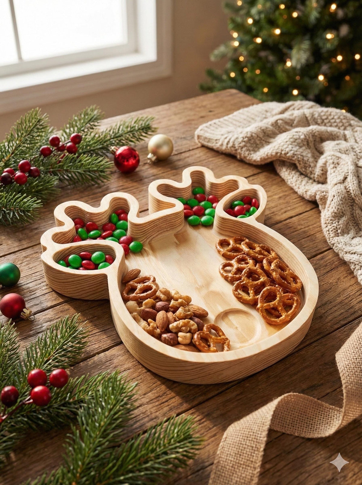 Carved wooden reindeer cookie plate for Santa treats