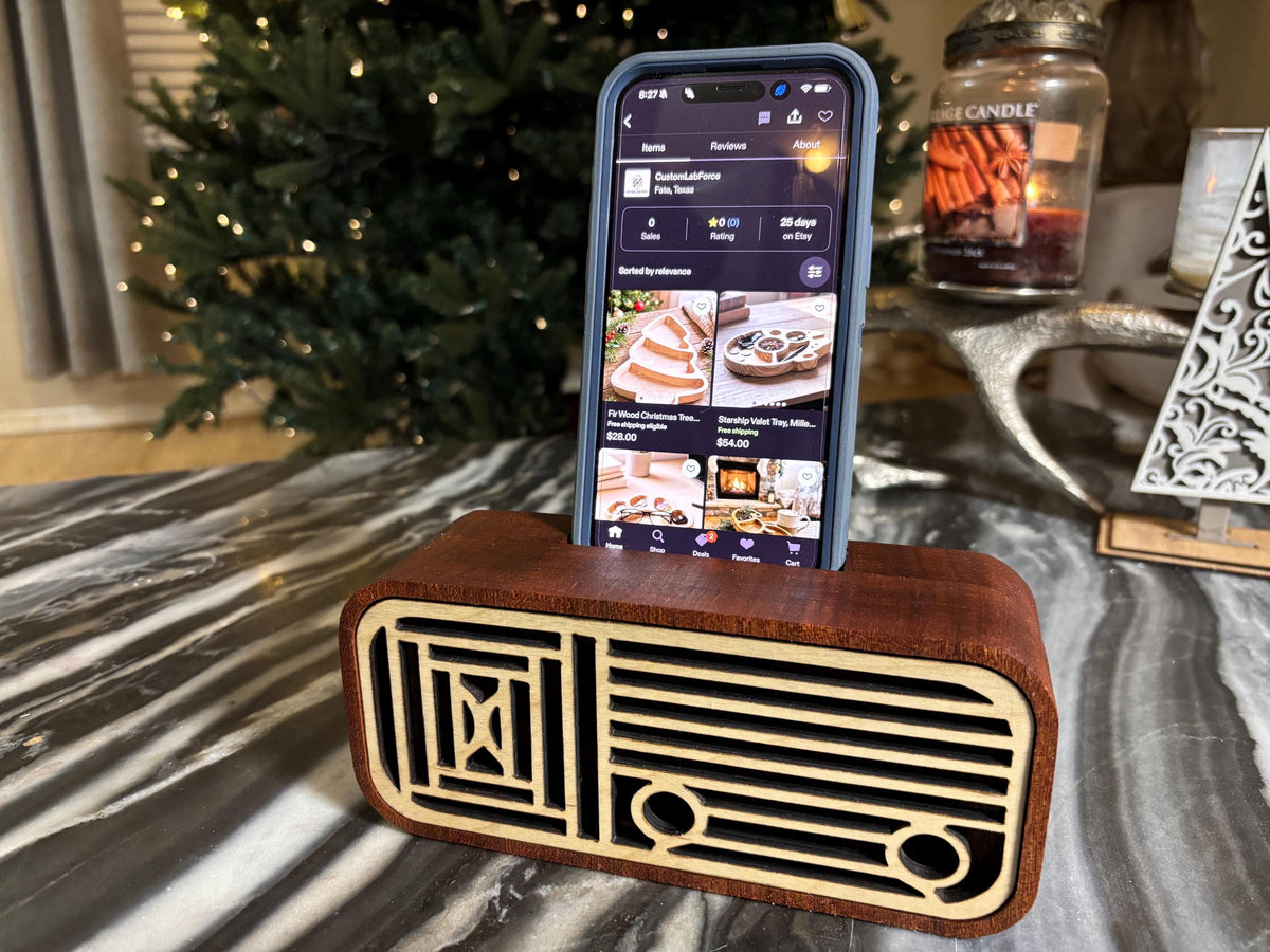 Mahogany and birch retro acoustic phone holder