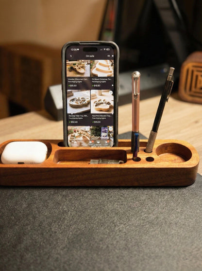 Solid mahogany desk valet tray with pen slots and catchall pod
