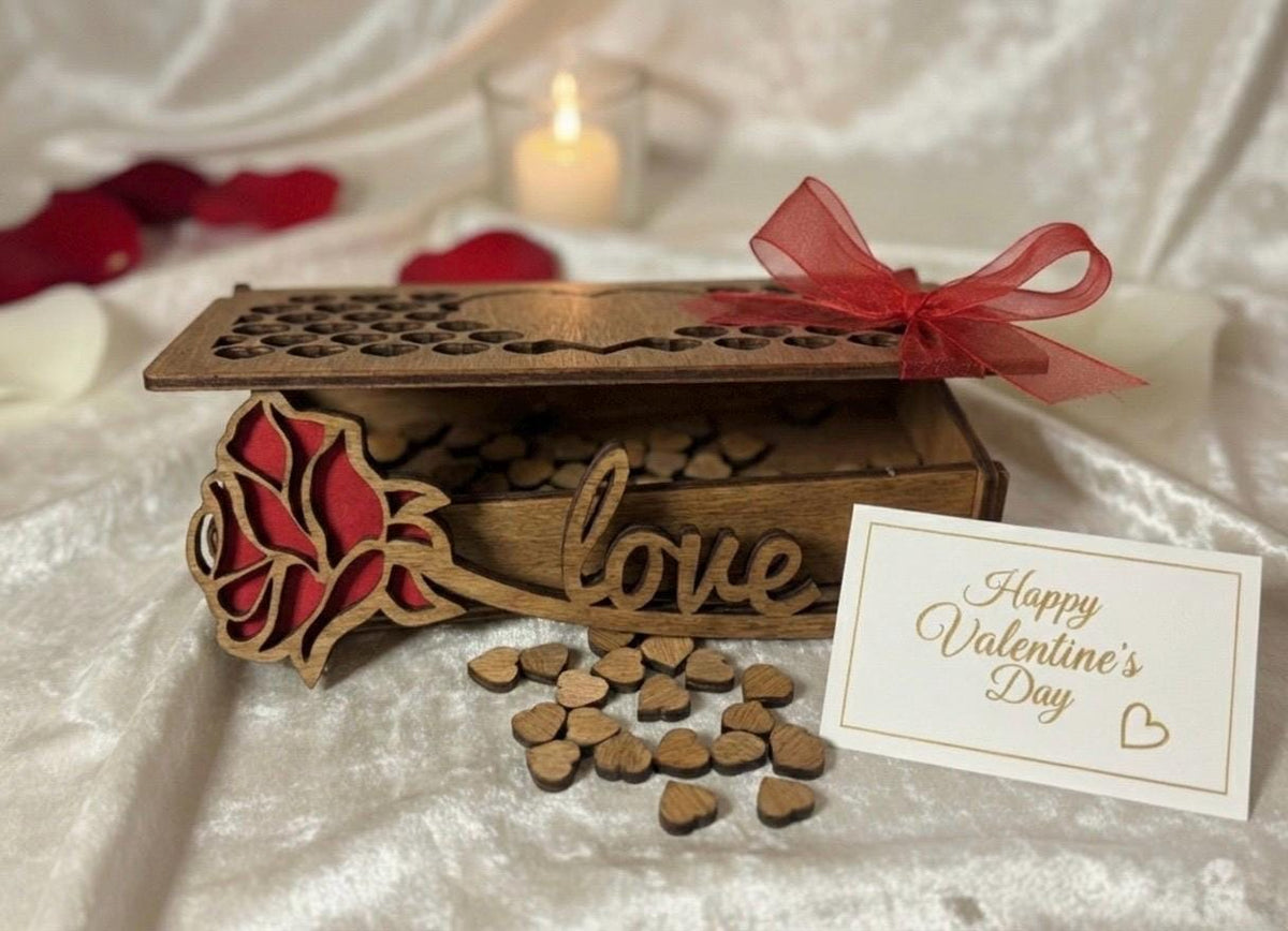 Engraved wooden keepsake box with cut-out heart and rose lid